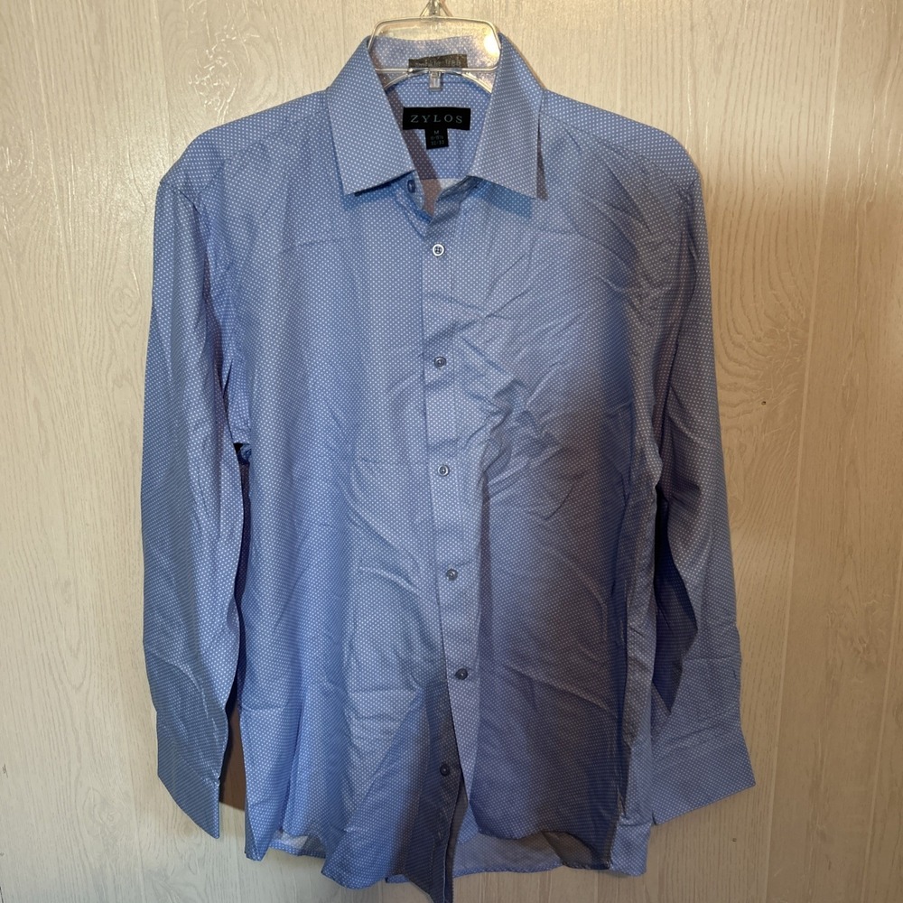 Zylos Men Medium 15-15 1/2 Blue Polka Dot Dress Shirt 32/33